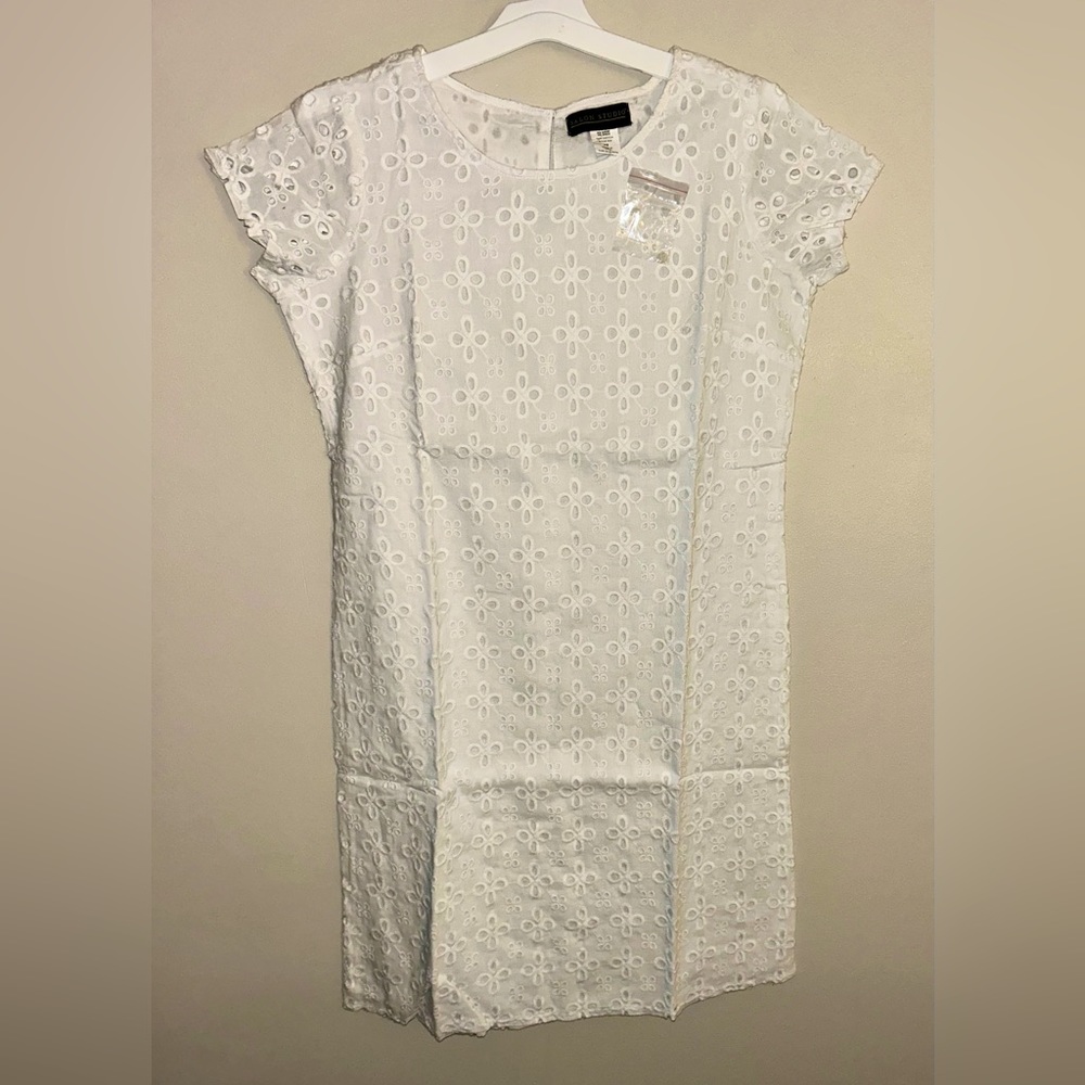 Salon Studio White Shift Dress Cotton Eyelet Short Sleeve Lined-Petite Small